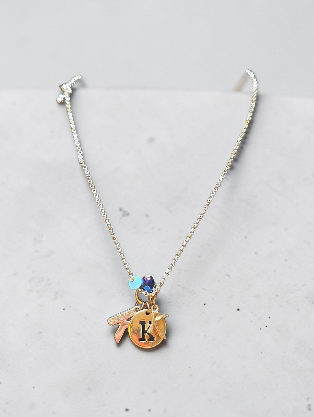 Silver Initial K Charm Necklace with Blue Accent Beads